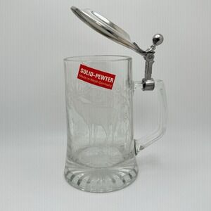 Vintage West German Pewter Etched Glass Lidded 6" Beer‎ Stein Elk Deer Forest